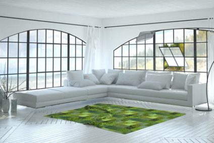 Monochromatic white living room interior with a striking green accent rug and corner unit settee below two arched view windows. 3d Rendering.