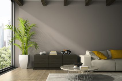 Interior of modern design room with white couch 3D rendering