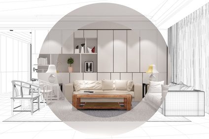 Entwicklung und Planung für ein Wohnzimmer als CAD und in weiß und in Farbe