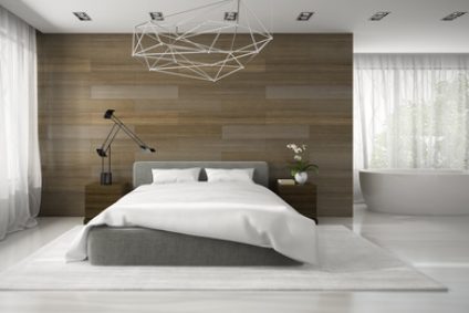Interior of modern badroom with bathtub 3D rendering